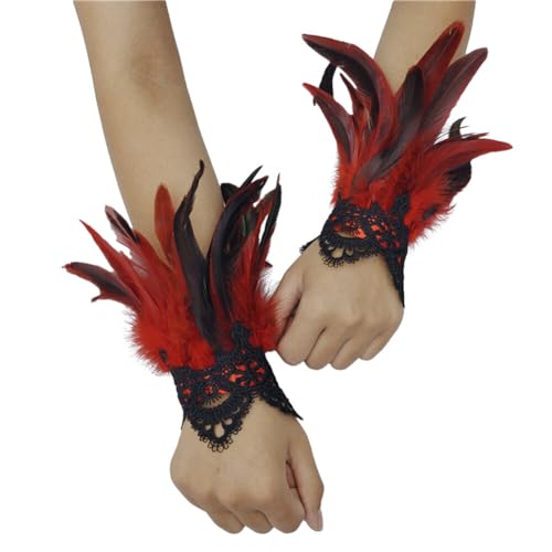 Asudaro Frauen Feder Handgelenk Manschetten, 1pair Floral Lace Armbänder Gothic Mesh Armband Lange Handschuhe Armstulpen Arm Stulpe Handschuhe Armschmuck für Cosplay Halloween Party Kostüm Rot von Asudaro