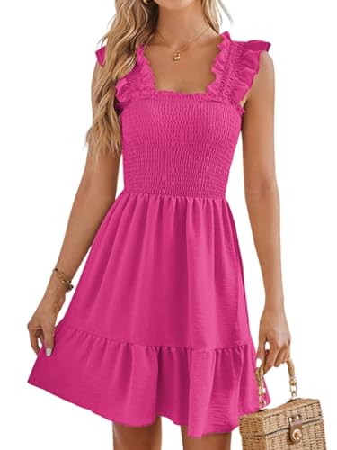 Asudaro Frauen Tag Kleid Square Neck Pleated Mini Kostüm für Ausflüge Rose Rot von Asudaro