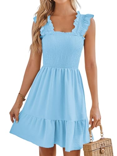 Asudaro Frauen Tag Kleid Square Neck Pleated Mini Kostüm für Ausflüge hellblau von Asudaro