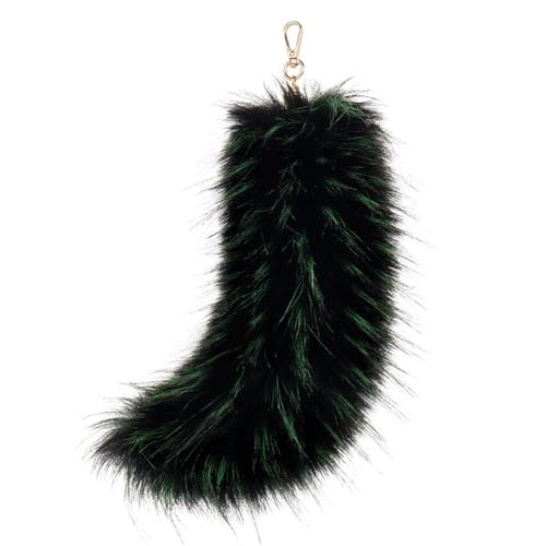 Asudaro Fuchsschwanz Anhänger, Kunstpelz Schwanz Anhänger Plüschschwanz Schlüsselanhänger Fell Schwanz Keychain Charm Anhänger für Geldbeutel Auto Geldbörse, 25CM Schwarz Grün von Asudaro