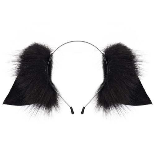 Asudaro Kunstfell Furry Fox Wolf Katzenohren Kopfbedeckung Kunstpelz Wolf Ohren Stirnband Cosplay Kostüm Plüsch Katzenohren Cat Ears Headband Fuchsohren Haarreif für Kinder Erwachsene Schwarz von Asudaro