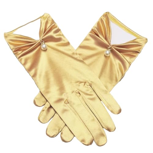 Asudaro Kurze Satinhandschuhe Abendhandschuhe Künstliche Perlen Dekoration Brauthandschuhe 22CM Hochzeitskleid Handschuhe Tea Party Tanzhandschuhe Oper Dinner Handschuhe golden von Asudaro