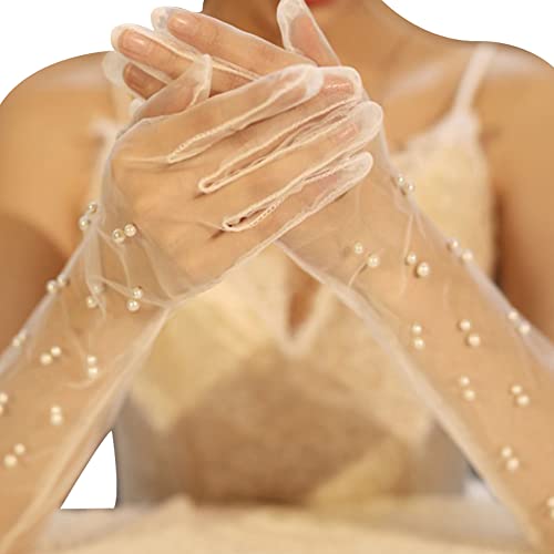 Asudaro Lange Fingerlose Spitze Handschuhe, 1Paar Damen Hochzeitshandschuh aus Tüll mit Perlen Party Prom Abend Handschuhe Transparente Tüllhandschuhe für Hochzeitsfeier, Abend oder Oper,Weiß von Asudaro