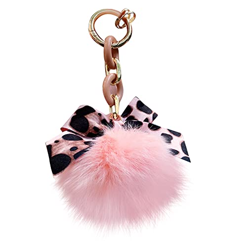 Asudaro Pompom Schlüsselanhänger, Flauschige Faux Plüsch Pompom Ball Tasche Anhänger Fuchspelz Taschenanhänger Mode Leopard Fliege für Frau Auto Spielzeug Schlüsselanhänger,Hell-Pink von Asudaro