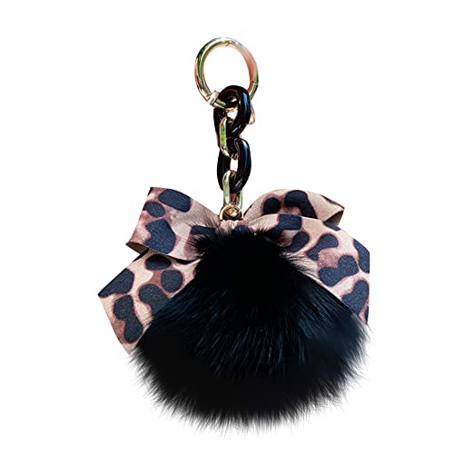 Asudaro Pompom Schlüsselanhänger, Flauschige Faux Plüsch Pompom Ball Tasche Anhänger Fuchspelz Taschenanhänger Mode Leopard Fliege für Frau Auto Spielzeug Schlüsselanhänger,Schwarz von Asudaro