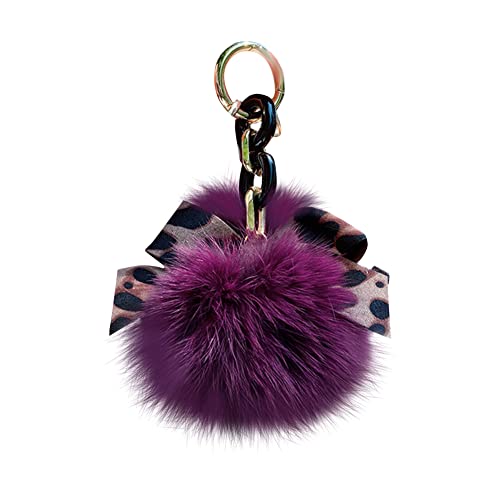 Asudaro Pompom Schlüsselanhänger, Flauschige Faux Plüsch Pompom Ball Tasche Anhänger Fuchspelz Taschenanhänger Mode Leopard Fliege für Frau Auto Spielzeug Schlüsselanhänger,Violett von Asudaro