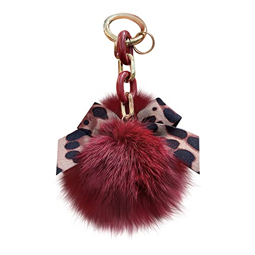 Asudaro Pompom Schlüsselanhänger, Flauschige Faux Plüsch Pompom Ball Tasche Anhänger Fuchspelz Taschenanhänger Mode Leopard Fliege für Frau Auto Spielzeug Schlüsselanhänger,Weinrot von Asudaro