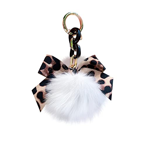 Asudaro Pompom Schlüsselanhänger, Flauschige Faux Plüsch Pompom Ball Tasche Anhänger Fuchspelz Taschenanhänger Mode Leopard Fliege für Frau Auto Spielzeug Schlüsselanhänger,Weiß von Asudaro