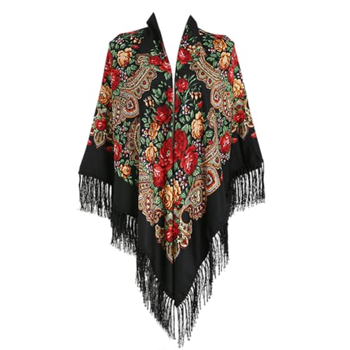 Asudaro Schal Mit Fransen Damen,160cmx160cm Traditioneller Schal Damen Quaste Fransen Halstuch Kopfschal Retro-Schal Blumenmuster Poncho-Druck Schals Weich Großer Schal Damen Mode Schals & Tücher von Asudaro