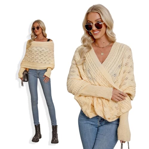 Asudaro Strickschal Mit Ärmeln Damen Winter Pulloverschal Wickelpullover Gestrickter Multifunktionaler Zopfmusterschal Mode Poncho Schal Cape Schal Stola Einfarbig Wrap Scarf von Asudaro