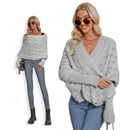 Asudaro Strickschal Mit Ärmeln Damen Winter Pulloverschal Wickelpullover Gestrickter Multifunktionaler Zopfmusterschal Mode Poncho Schal Cape Schal Stola Einfarbig Wrap Scarf von Asudaro
