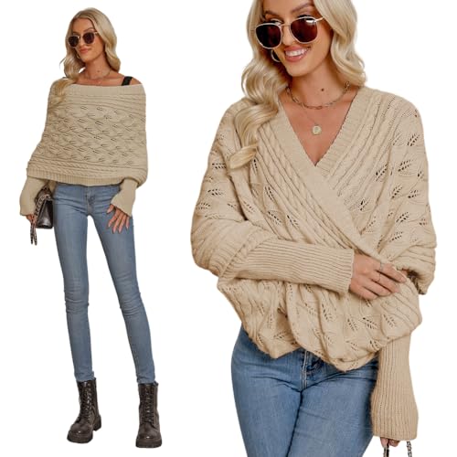 Asudaro Strickschal Mit Ärmeln Damen Winter Pulloverschal Wickelpullover Gestrickter Multifunktionaler Zopfmusterschal Mode Poncho Schal Cape Schal Stola Einfarbig Wrap Scarf von Asudaro