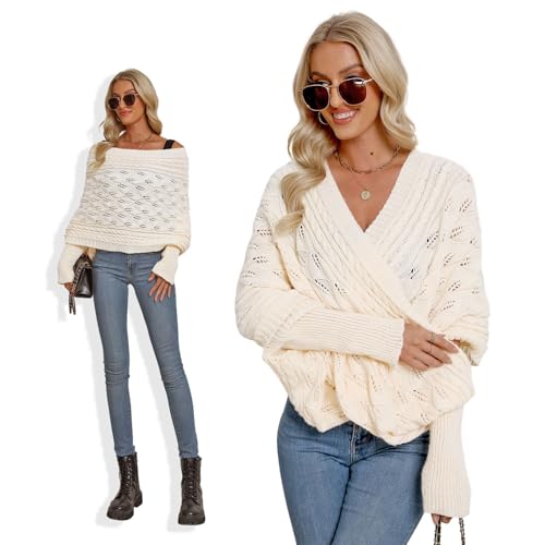 Asudaro Strickschal Mit Ärmeln Damen Winter Pulloverschal Wickelpullover Gestrickter Multifunktionaler Zopfmusterschal Mode Poncho Schal Cape Schal Stola Einfarbig Wrap Scarf von Asudaro