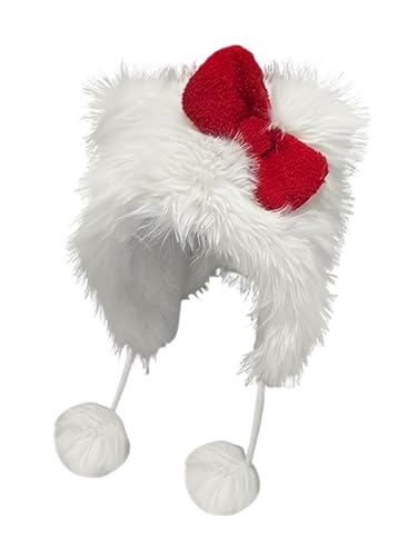 Asudaro Trappermütze Plüsch Kunstfellmütze Winddicht Skimütze Niedliche Katze Fleece Trooper Hut Winddicht Warme Wintermütze Reiten Skifahren Hut Kappe für Frauen Weiß von Asudaro