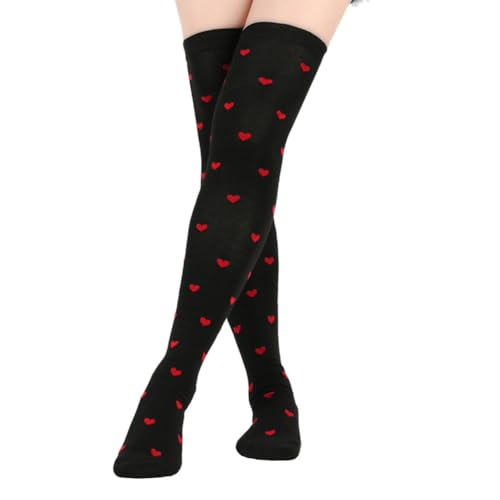 Asudaro Überkniestrümpfe Lippen-Herz-Muster Damen Kniestrümpfe Atmungsaktive Oberschenkelhohe Strümpfe für Damen für Karneval Valentinstag von Asudaro