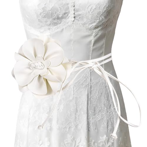 Damen Blumen Gürtel,Verstellbarer PU Leder Gürtel,Brautjungfer Schärpe Floral Gürtel,Dünner Blumengürtel mit großer dekorativer Blume,Für Frauen Mädchen Blume Stil Braut Prom Kleid Zubehör(white) von Asudaro