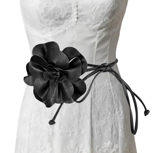 Damen Blumen Gürtel,Verstellbarer PU Leder Gürtel,Brautjungfer Schärpe Floral Gürtel,Dünner Blumengürtel mit großer dekorativer Blume,Für Frauen Mädchen Blume Stil Braut Prom Kleid Zubehör(black) von Asudaro