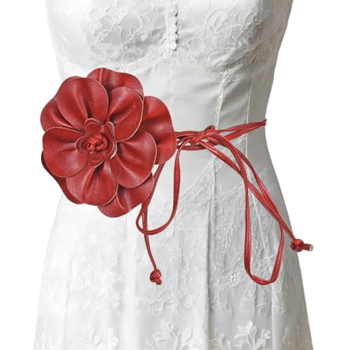 Damen Blumen Gürtel,Verstellbarer PU Leder Gürtel,Brautjungfer Schärpe Floral Gürtel,Dünner Blumengürtel mit großer dekorativer Blume,Für Frauen Mädchen Blume Stil Braut Prom Kleid Zubehör(deep red) von Asudaro