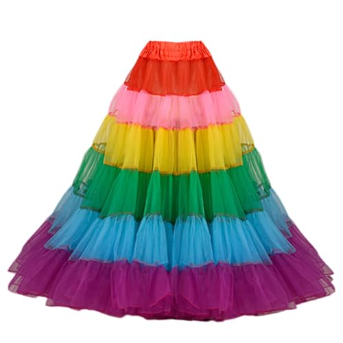 Damen Tüllrock Regenbogenfarben Langer Rock Hoher Taille Langer Maxi Puffiger Mesh Tutu Röcke Faltenrock Puffy Prinzessin Party Maxi Röcke Sechs Farbspleißfarben von Asudaro