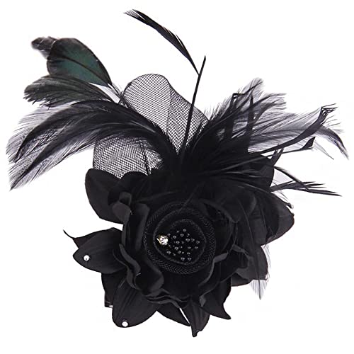 Damen Vintage Feder Brosche,Asudaro Blumen Feder Brautbroschen Haarschmuck Vintage Brosche Stoff Corsage Broschen Hochzeit Broschen für Frauen Party Haarschmuck Mode Hut Elegant Schwarz von Asudaro