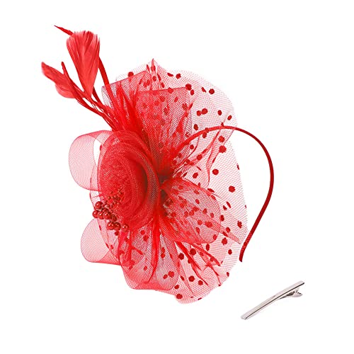 Fascinators Hut für Frauen,Asudaro 1920er Fascinator Kopfschmuck für Damen, Feder Flauschige Blume Haarband Organza Haarschmuck Mesh Dekorativer Kopfschmuck mit Federn Blumen Clip Rot von Asudaro