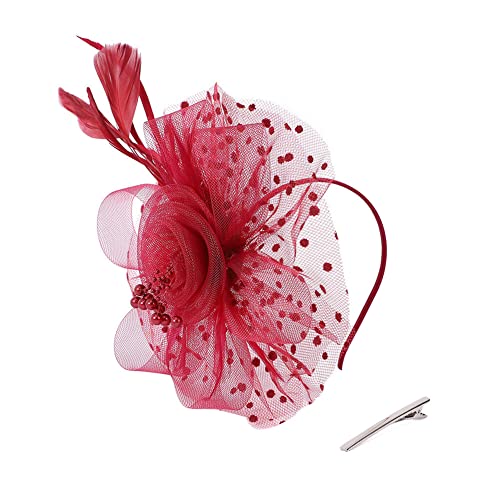 Fascinators Hut für Frauen,Asudaro 1920er Fascinator Kopfschmuck für Damen, Feder Flauschige Blume Haarband Organza Haarschmuck Mesh Dekorativer Kopfschmuck mit Federn Blumen Clip Weinrot von Asudaro