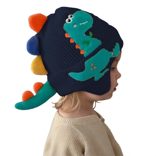 Kleinkind Winter Beanie Hut Jungen Mädchen Gestrickte Dinosaurier Mütze mit Bommel Warm Earflap Hut Kappe Cap Cartoon Bommelmütze Wintermütze mit Ohrenklappen Dunkelblau von Asudaro