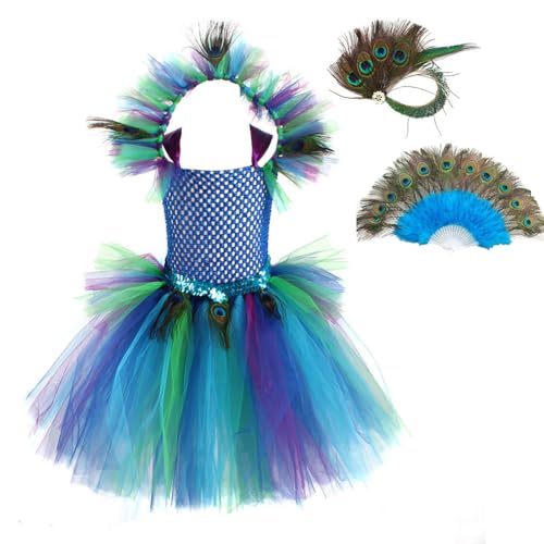 Mädchen Kleid Pfauen Kostüm Pretty Peacock für Mädchen Prinzessin Tutu Kleid ärmellos Partykleid Mit Zubehör Mode Patchwork Ballkleid Minirock Tüllrock Ballettkleidung Festival Outfit 2-12 Jaher Blau von Asudaro