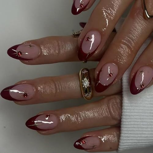 24pcs Mandelpresse Auf Nägeln Weinrötung Französisch Gefälschte Acryl Falsche Künstliche Klebstoffe Für Frauen Acrylkleber Nagel Für Frauen Klar von Asukohu