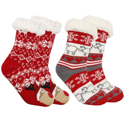 Asukohu 2 Paar gestrickte Weihnachtssocken für Damen, Winter-Thermo-Socken, flauschiges Fleecefutter, rutschfeste Griffe, gestrickte Greifer, Hausschuhe, Red Elk Head Retro L, Einheitsgröße von Asukohu