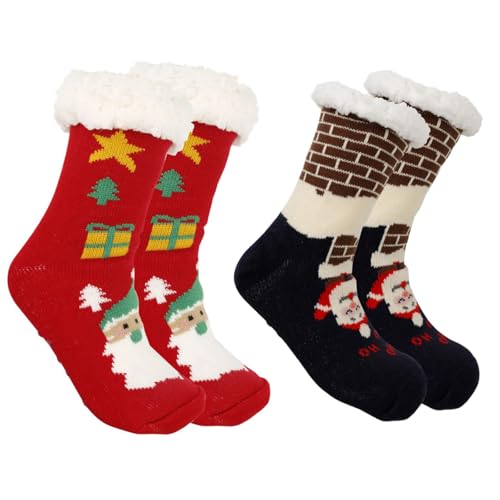 Asukohu 2 Paar gestrickte Weihnachtssocken für Damen, Winter-Thermo-Socken, flauschiges Fleecefutter, rutschfeste Griffe, gestrickte Greifer, Hausschuhe, Red Old Man Navy Bl, Einheitsgröße von Asukohu