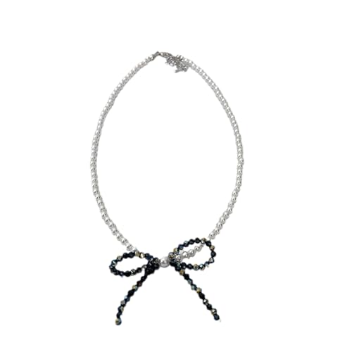 Asukohu Auffällige Halskette mit Schleifen-Anhänger, schillernde Kristall-Schleifenanhänger, Halskette, Perlen, Schlüsselbeinkette, Schmuck, Imitationsperle von Asukohu