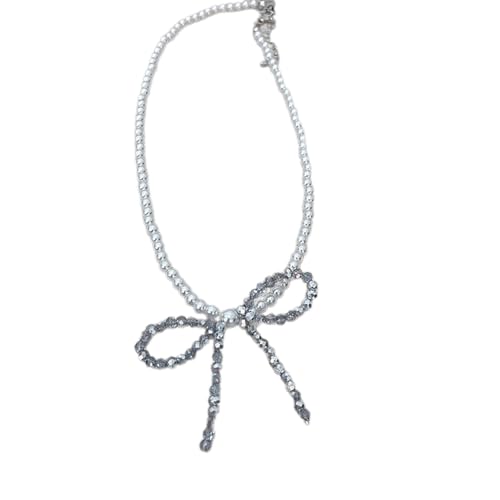 Asukohu Auffällige Halskette mit Schleifen-Anhänger, schillernde Kristall-Schleifenanhänger, Halskette, Perlen, Schlüsselbeinkette, Schmuck, Imitationsperle von Asukohu