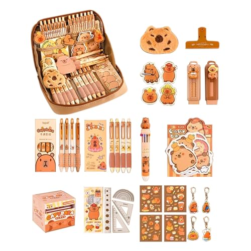 Asukohu Cartoon Schule Schreibwaren mit großem Federmäppchen Haftnotizen Gelschreiber Kugelschreiber Büroklammer Aufkleber Lineal Radiergummi PVC Leinwand Capybara Schreibwaren Organizer von Asukohu