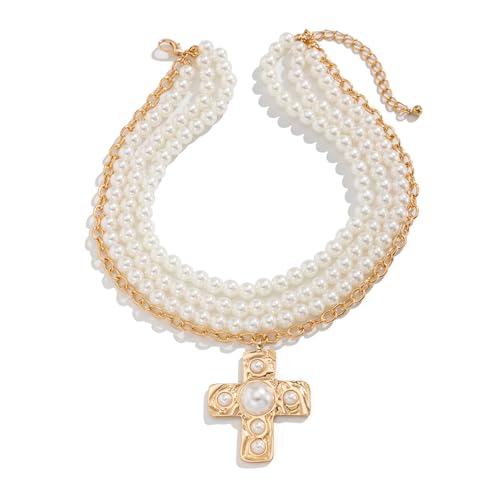 Asukohu Elegante Halskette mit Kruzifix-Anhänger mit Kunstperlen, verstellbare Länge, Schlüsselbeinkette, trendiges Zubehör für Damen und Herren, Gold, Wie beschrieben, Wie beschrieben von Asukohu