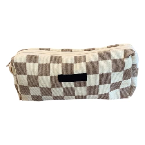 Asukohu Federmäppchen aus Cord mit großem Fassungsvermögen, Mehrzweck-Stiftetui, Reise-Make-up-Tasche für Mädchen und Frauen, Schreibwaren mit Reißverschluss, Hellbraunes Karomuster von Asukohu