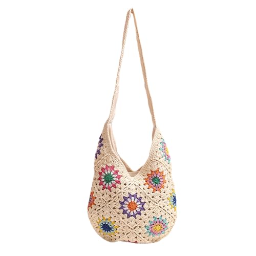 Asukohu Frauen Strandbeutel Gestrickte Umhängetasche Modehandtasche Blumen Crochet Urlaub Für Reisen Bunte Blumen Crossbody Für Frauen Handtasche Strand Gestrichener Schulter von Asukohu