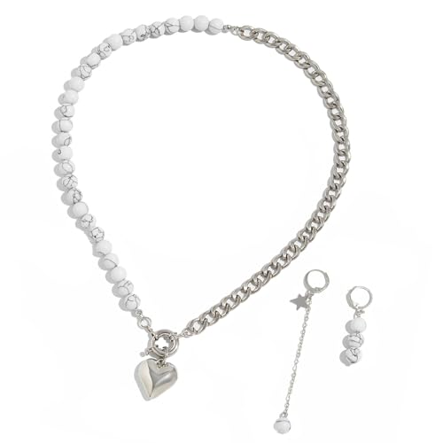 Asukohu Halskette mit Herzanhänger, Halskette und Perlen, Choker-Ohrringe, Schmuck, für Damen und Mädchen, mehrschichtige Kette, Halskette mit, Einheitsgröße, Wie beschrieben, Wie beschrieben von Asukohu
