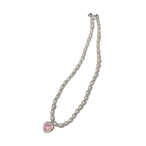 Asukohu Halskette mit Vintage-Herz-Anhänger für Damen, Schleife, Perlen, Schlüsselbeinkette, Imitationsperle von Asukohu