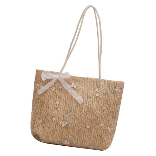 Asukohu Handgewebte Stroh-Handtasche für Damen, mit Spitzenband, Schleife, Blumenstickerei, große Kapazität, Schultertasche für Strand, Urlaub, Strand, gewebte Stroh-Umhängetasche, khaki, One Size von Asukohu