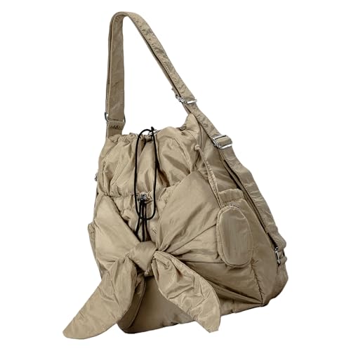 Asukohu Lässige Damen-Nylon-Schulter-Handtasche, großer Kordelzug, Eimertasche mit mehreren Taschen und verstellbarem Riemen, Rucksack, Bowknot Handtasche, khaki, One Size von Asukohu
