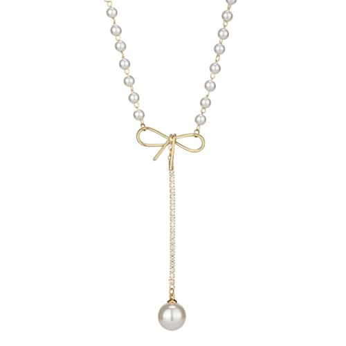 Asukohu Modische Halskette mit Perlenanhänger und Schleife, Halsband, Schlüsselbeinkette für Hochzeiten, Metall von Asukohu