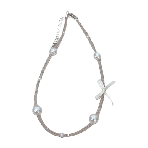 Asukohu Modische Halskette mit Schleife, Schmuck, Perlen, Kristall, Schlüsselbein-Kette, Imitationsperle von Asukohu