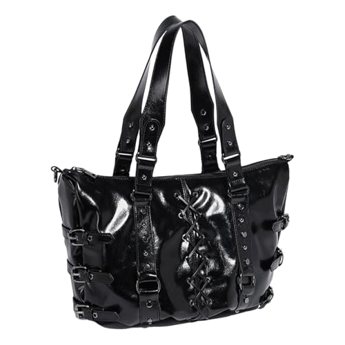 Asukohu Modische große Kapazität PU Leder Motorrad Schultertasche Handtasche Punk Nieten Kreuze Bandage Unterarmtasche für Frauen Große Kapazität Schultertasche, Schwarz , One Size von Asukohu