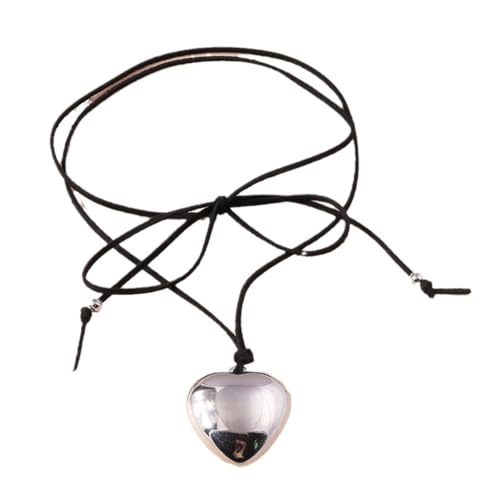 Asukohu Modische schwarze Kordel-Halskette, verstellbarer Herz-Anhänger, moderner Schmuck, Metall von Asukohu