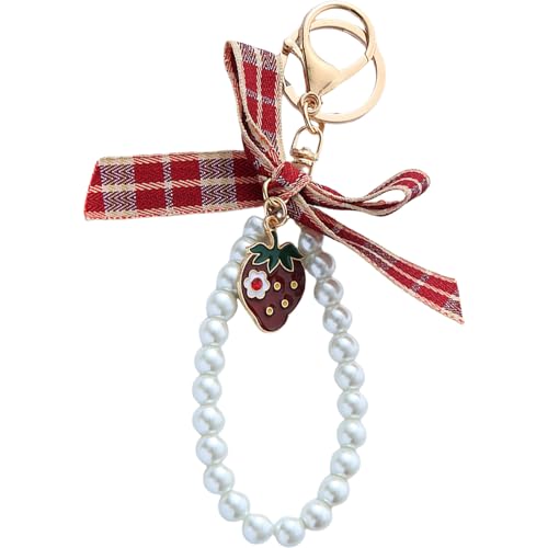 Asukohu Schöne Erdbeerschlüsselkettenbögen Keyrings Imitation Perlen Ketten Kettenschlüsselautos Ringe Schlüsselanhänger Zubehör Imitation Perlen Schlüsselbund Erdbeerschlüsselring Hanging Ornamente von Asukohu