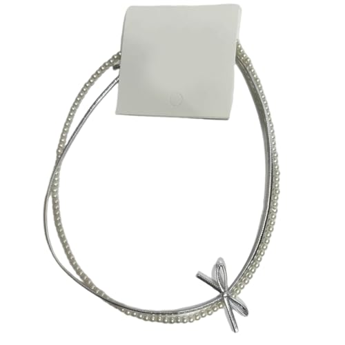 Asukohu Stilvolle Halskette mit Schleifen-Anhänger, doppellagige Perlen, Perlen-Halskette, Imitationsperle von Asukohu