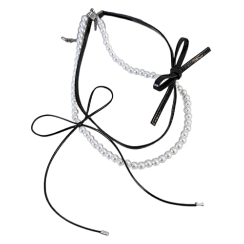 Asukohu Stilvolle Schleifen-Halskette, doppellagig, Halsband, modisches Halsband, Schlüsselbeinkette, Imitationsperle von Asukohu
