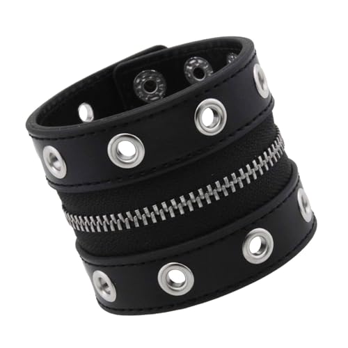 Asukohu Stylish Punkrock Breites Gurtarmband In Weichem PU Leder Mit Metallic Bolzen Und Reißverschluss Designs PU Leder Nietarmband von Asukohu