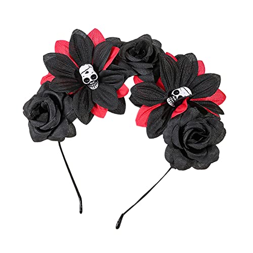 Asukohu Totenkopf-Stirnband, Tag der Toten, Kopfband, Rose, Blumenkronen, Halloween, Tiaras, Krone, Blumen-Stirnband, Krone, Halloween, für Kinder, Schwarz von Asukohu